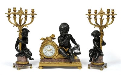 Lot 1039 - A French Impressive Gilt Bronze and Marble Striking Mantel Clock Garniture, early 20th century,...