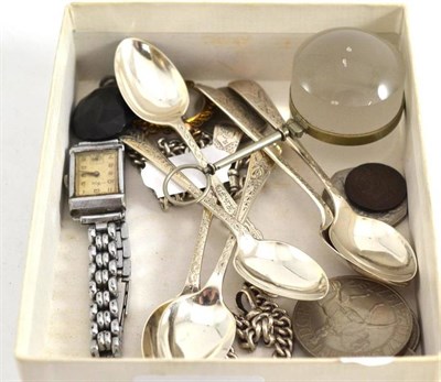 Lot 114 - Silver albert chain, six silver teaspoons, two pendants, magnifying glass, wristwatch and coins