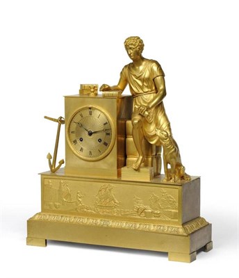 Lot 1040 - A French Striking Mantel Clock, circa 1820, gentleman leaning beside a dog, nautical scene to...