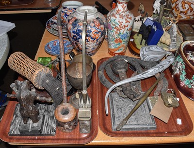 Lot 82 - Two trays of metal wares and wooden items...