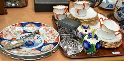 Lot 131 - Six silver teaspoons, flatware, Imari plate, two Mintons preserve jars with butterfly handles,...