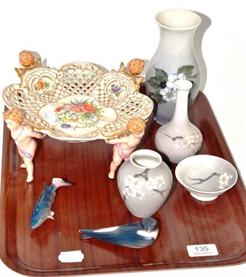 Lot 135 - Three Copenhagen porcelain vases, a small bowl, swallow and fish and a German porcelain centrepiece