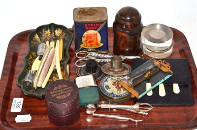 Lot 136 - Sundry items including an ivory handled corkscrew, lignum vitae box, papier mache pen tray,...
