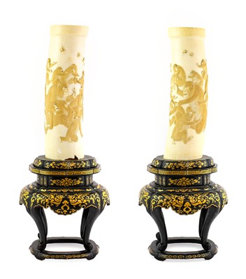 Lot 108 - A Pair of Japanese Black Lacquer Mounted Ivory...