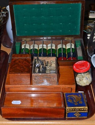 Lot 140 - Mahogany travelling chess set, box of draughts, two sets of dominoes, cards, counters and a Fortnum