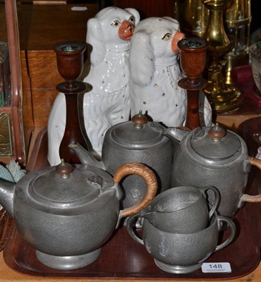 Lot 148 - Pair of Staffordshire pottery dogs, Tudric pewter five piece tea service and a pair of oak...