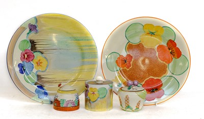 Lot 131 - Three Clarice Cliff preserve jars and two...