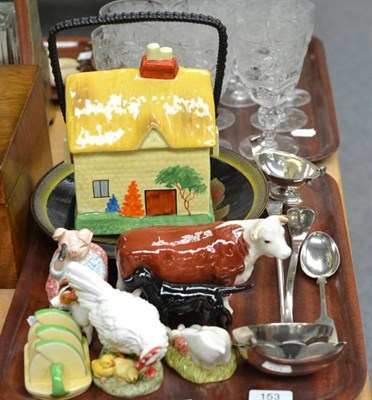 Lot 153 - Poole plate, cottageware biscuit barrel and cover, Beswick animals, Beatrix Potter figures, Goebels