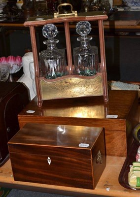 Lot 154 - Mahogany tea caddy, oak writing slope and a modern tantalus with brass mounts