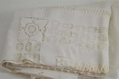 Lot 159 - A linen table cover with drawn thread work