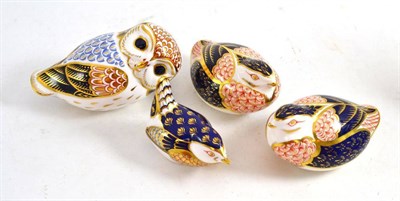 Lot 165 - Four Royal Crown Derby paperweights: Two quail, a wren and an owl (4)