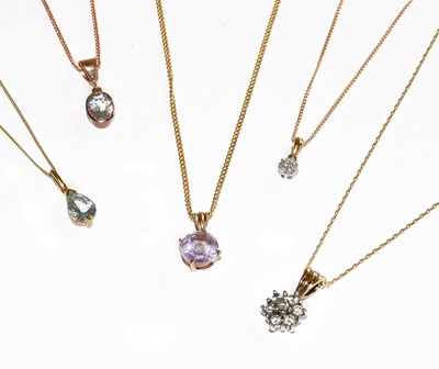 Lot 224 - Ten various gem-set gold pendants on chains...