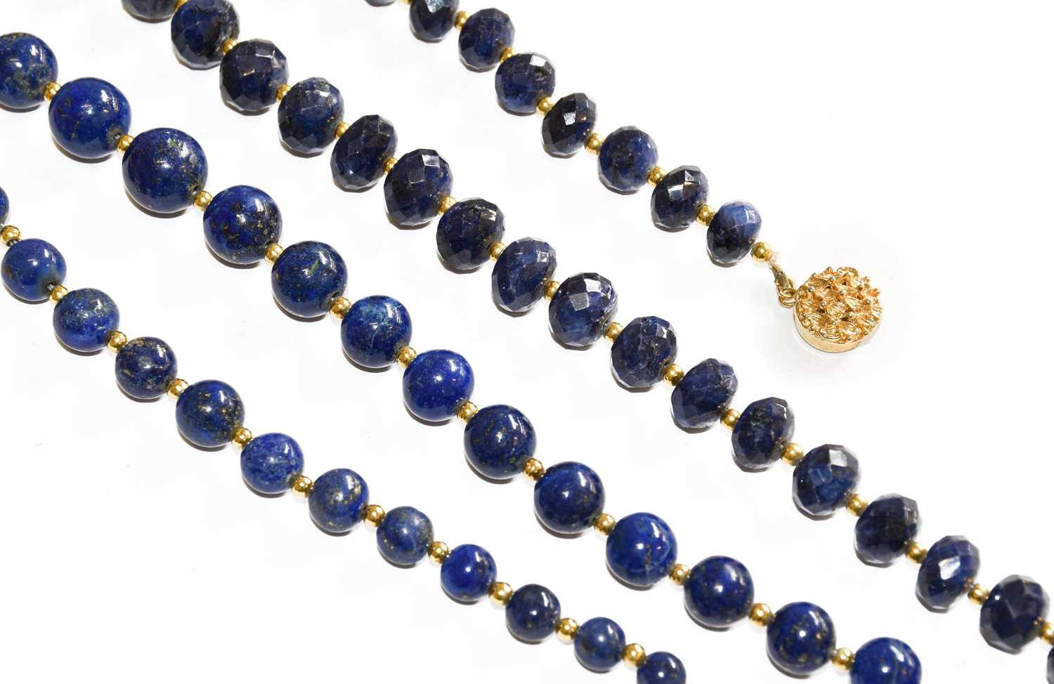 Lot 222 - A cultured pearl five-row necklace; a lapis...