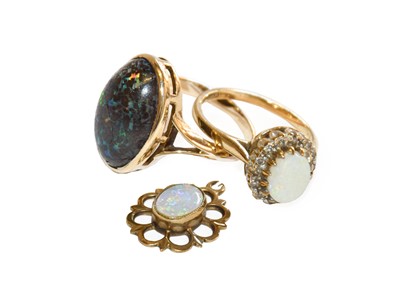 Lot 199 - A 9 carat gold opal and diamond cluster ring,...