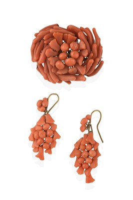 Lot 2306 - A Coral Brooch and A Pair of Coral Drop Earrings