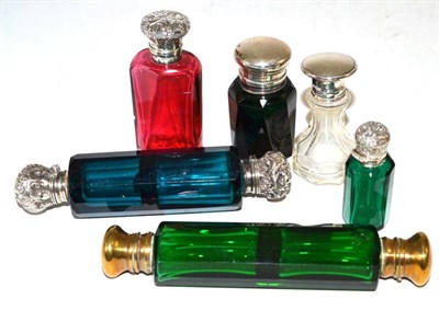 Lot 206 - Two Victorian coloured glass double scent bottles and four others