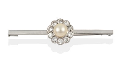 Lot 2045 - A Cultured Pearl and Diamond Bar Brooch
