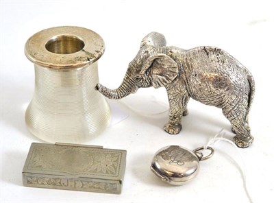 Lot 207 - Silver elephant, glass and silver vesta, German snuff box and a sovereign holder