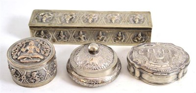 Lot 208 - Indian metal hinged rectangular box and three with embossed and applied decoration (4)