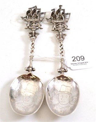 Lot 209 - A pair of Dutch silver spoons with galleon handle terminals, import marks for Chester 1906