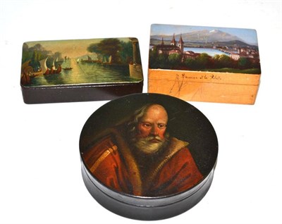 Lot 214 - 19th century papier mache snuff box painted with a portrait of a gentleman, hinged box painted with