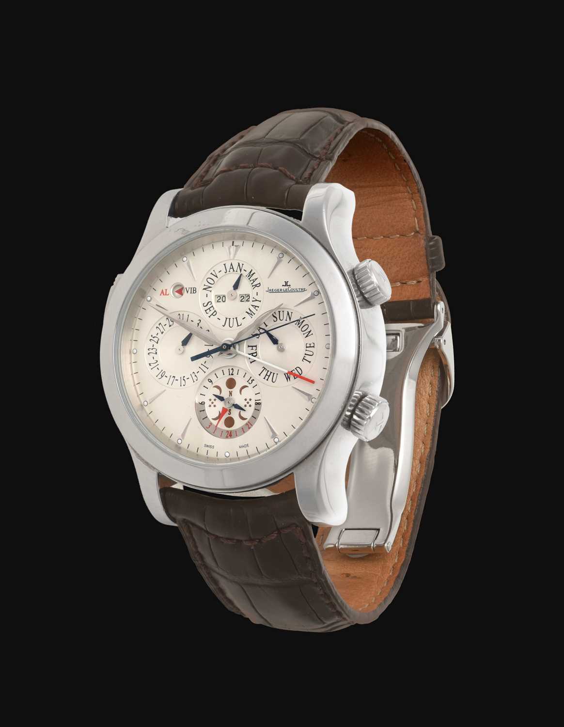 Lot 2116 - Jaeger LeCoultre: A Fine Limited Edition Stainless Steel Perpetual Calendar Alarm Wristwatch