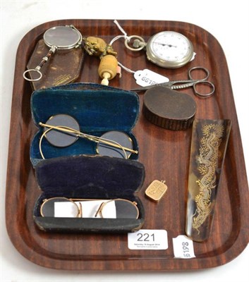 Lot 221 - Two spectacles, military stopwatch, snuff box, tape measure, steel scissors, etc