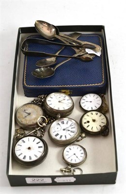 Lot 222 - A silver pair cased pocket watch, silver pocket watch with attached silver chain, three other...