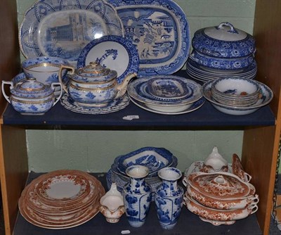 Lot 226 - Assorted blue and white pottery dinnerwares, brown and white transfer printed part dinner...