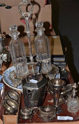 Lot 231 - Old Sheffield plate bottle stand with two glass decanters and stoppers, blue and white pottery...