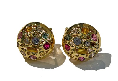 Lot 295 - A pair of multi-gem set earrings, stamped '750'...