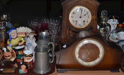 Lot 236 - An Arts & Crafts style oak mantel clock, a mahogany cased mantel clock and a tray including...