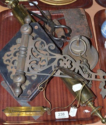 Lot 238 - A brass rolling pin, a brass bell and pierced wall bracket, steel sugar cutters, kitchenalia, etc