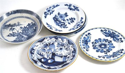 Lot 239 - Two 18th century Chinese blue and white plates, three tin glazed blue and white plates, a...