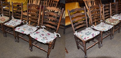 Lot 1377 - A set of six oak Lancashire ladderback chairs...