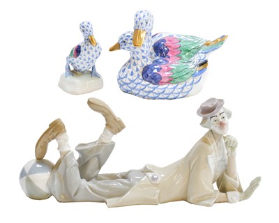 Lot 148 - Two Herend porcelain ducks, and a Lladro clown...