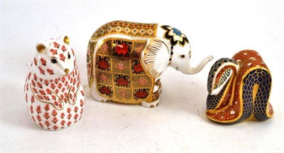 Lot 246 - Three Royal Crown Derby paperweights; elephant, snake and beaver