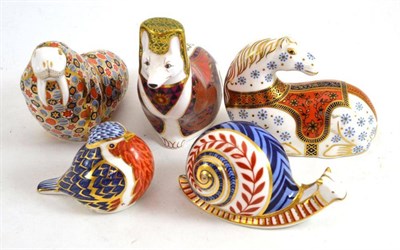 Lot 249 - Five Royal Crown Derby paperweights; walrus, fox, horse, robin and snail (no stoppers, seconds)