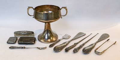 Lot 44 - A silver two-handled cup; a pair of sugar...