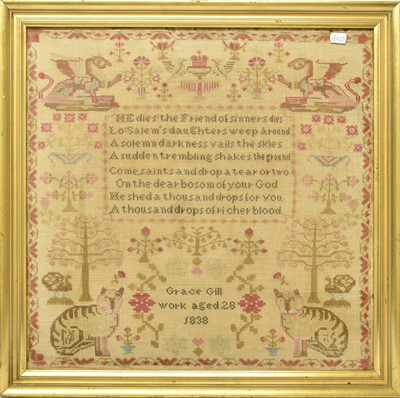 Lot 2107 - Framed Pictorial Sampler Worked by Grace Gill,...