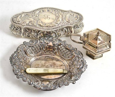 Lot 253 - Embossed oval silver hinged box, pierced silver bonbon dish, silver mustard, silver and mother...