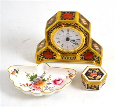 Lot 254 - Royal Crown Derby clock, dish and trinket box