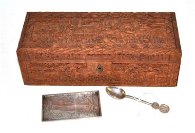 Lot 255 - Chinese white metal tray and spoon and an Eastern carved box