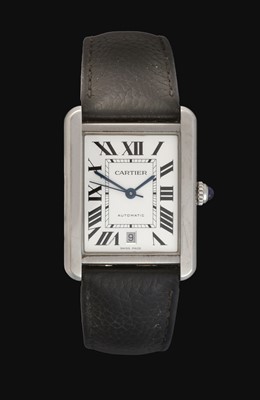 Lot 2184 - Cartier: A Stainless Steel Rectangular Shaped Automatic Calendar Centre Seconds Wristwatch