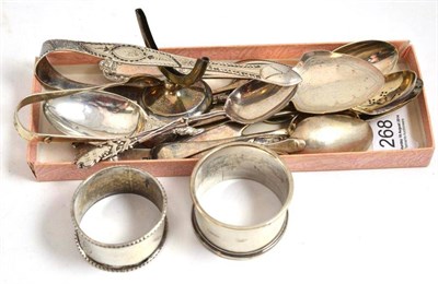 Lot 268 - Small group of silver including spoons, napkin rings, sugar tongs, etc