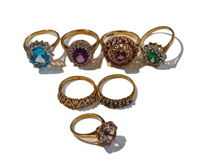 Lot 274 - Seven 9 carat gold gem-set rings including...
