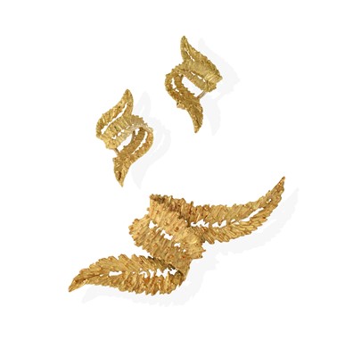 Lot 2381 - An 18 Carat Gold Brooch and A Pair of Matching Earrings, and another Pair of 18 Carat Gold Earrings