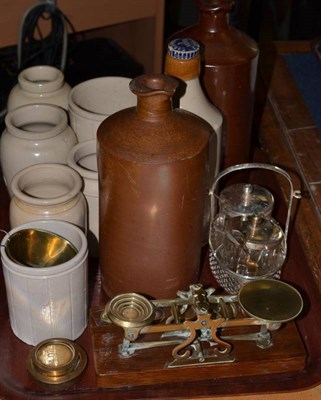 Lot 282 - Large cut glass flared vase, set of Mordan & Co brass postal scales and weights, stoneware...