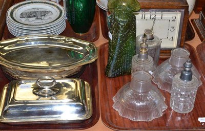 Lot 289 - Loetz style green glass vase, two moulded glass shades, plated wares etc (two trays)