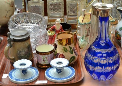 Lot 290 - Silver mounted claret jug, blue overlay glass decanter with silver collar, Royal Doulton...